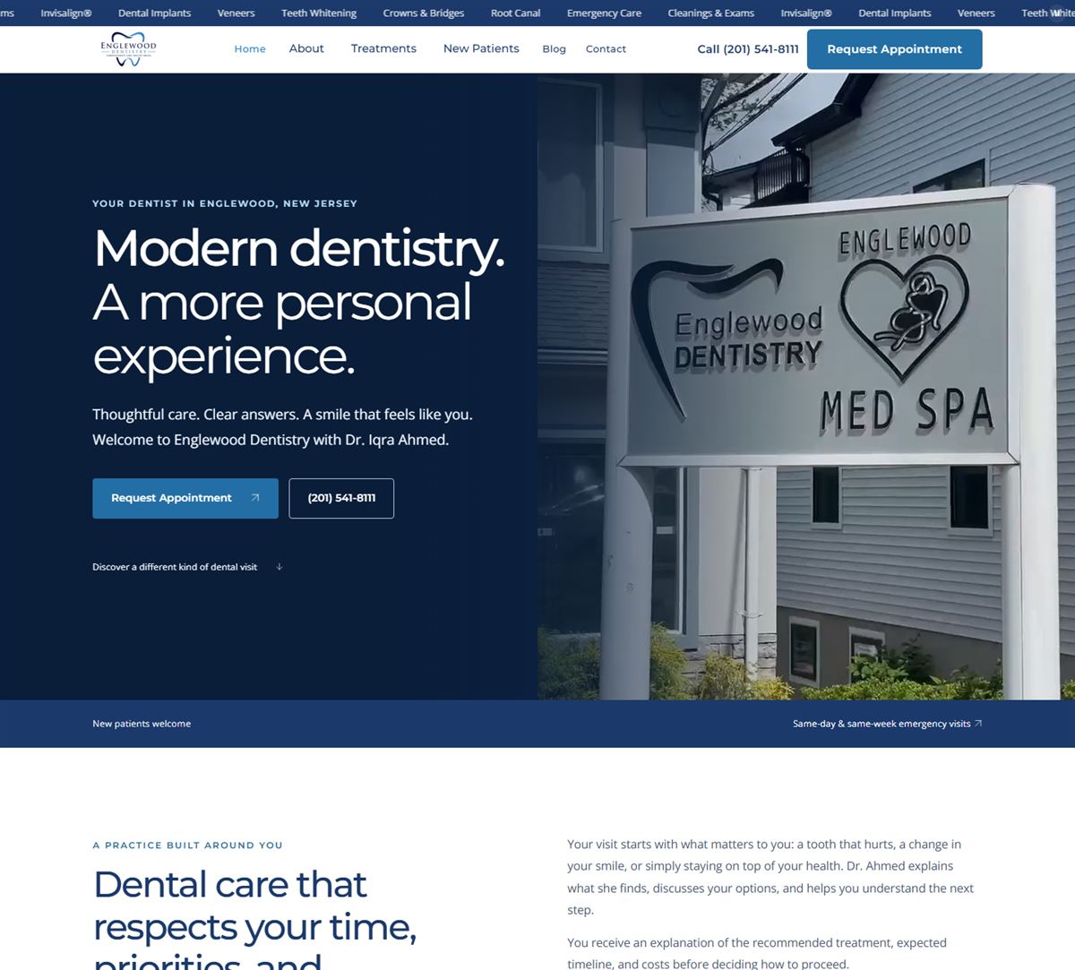 Englewood Dentistry homepage with the headline 'Modern dentistry. A more personal experience.' beside a photo of the practice sign
